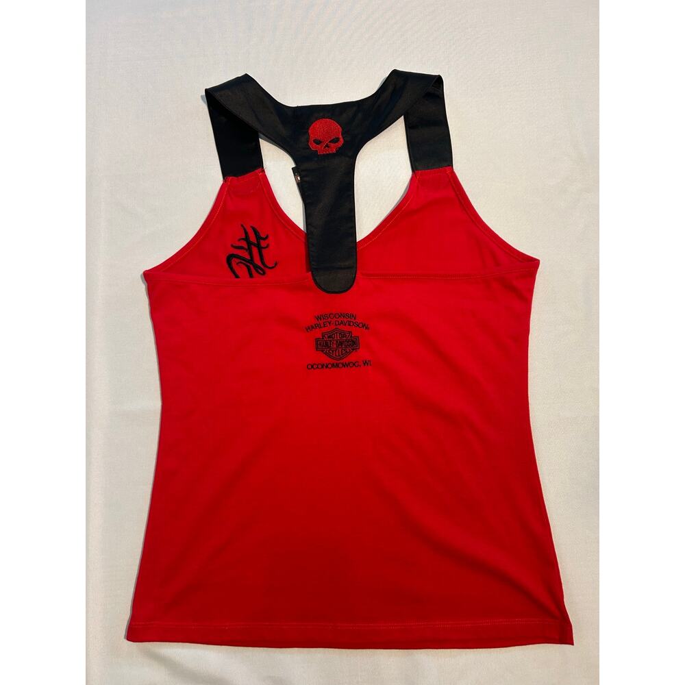 Harley Davidson Deep V-Neck Satin Racerback Tank Top Red & Black Large NWT - Picture 2 of 9